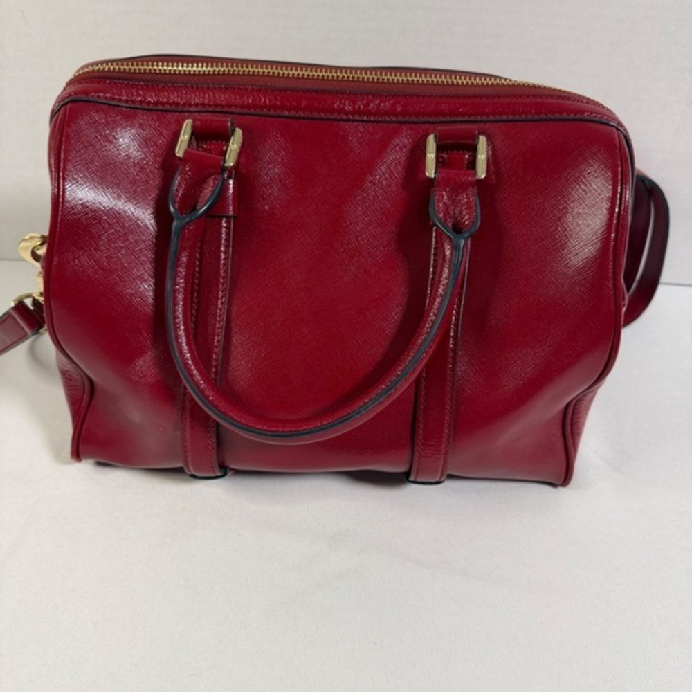 Tory Burch Satchel Medium Red Patent Leather Buckle Handbag Designer Luxury Bag - Picture 3 of 15